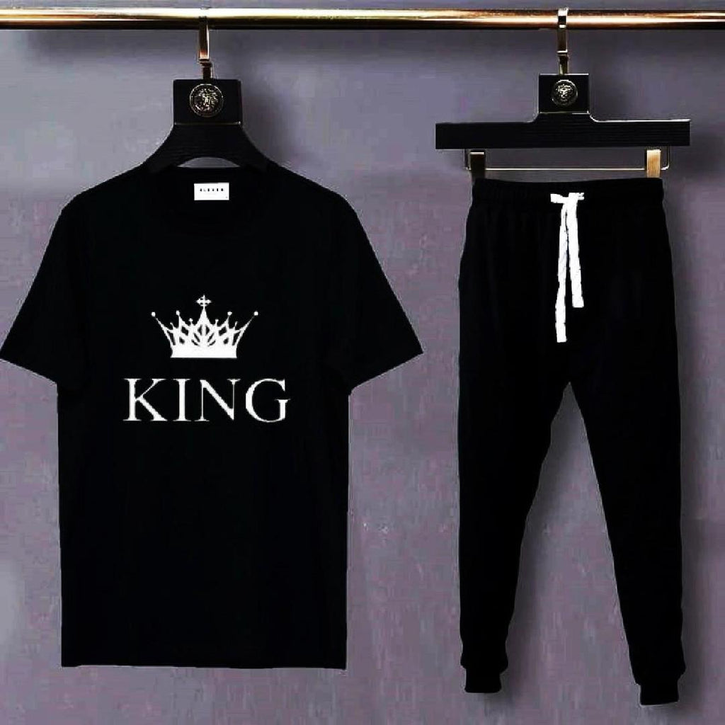 Men Black King Crown Track Suit 2Pcs Cotton