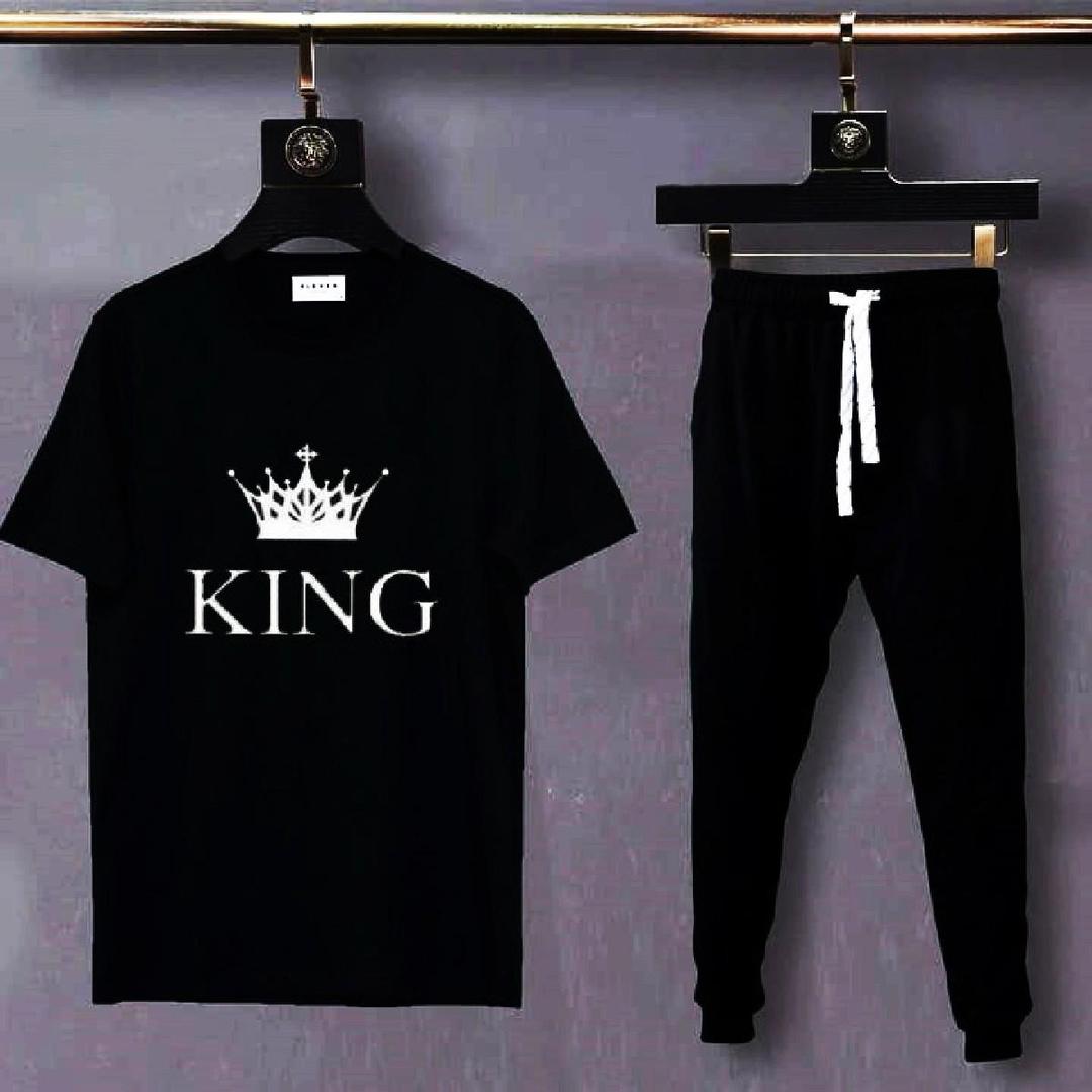 Men Black King Crown Track Suit 2Pcs Cotton