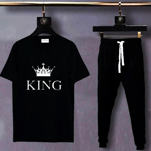 Men Black King Crown Track Suit 2Pcs Cotton