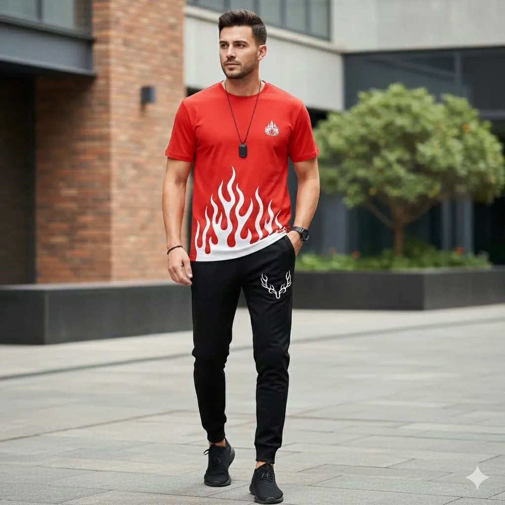 Men's Red Printed Polyester Track Suit 2Pcs Summer Sale
