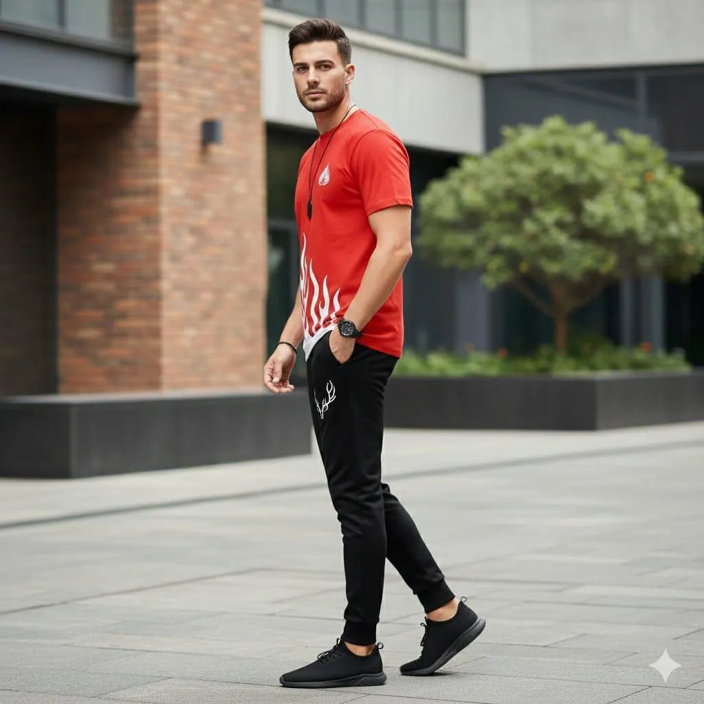 Men's Red Printed Polyester Track Suit 2Pcs Summer Sale
