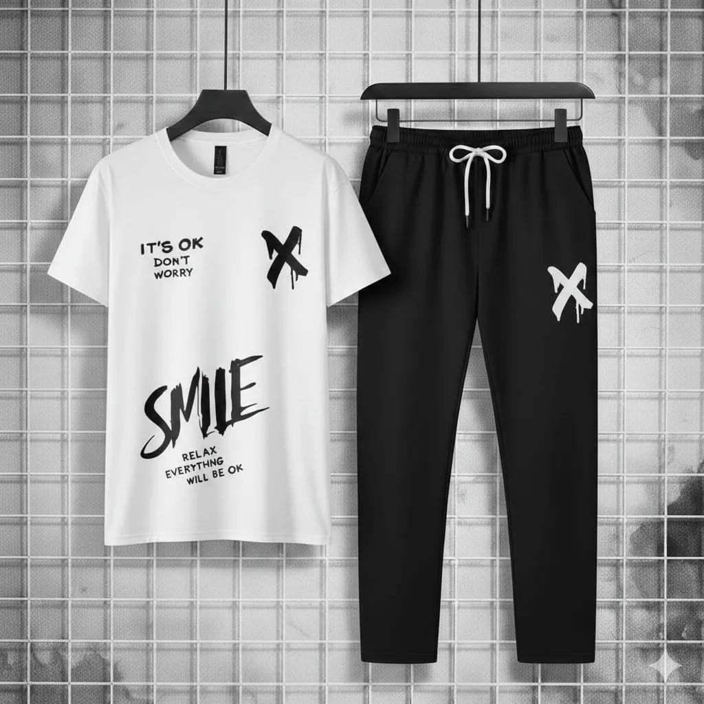 Men Printed Track Suit White Black 2Pcs Set Summer Sale