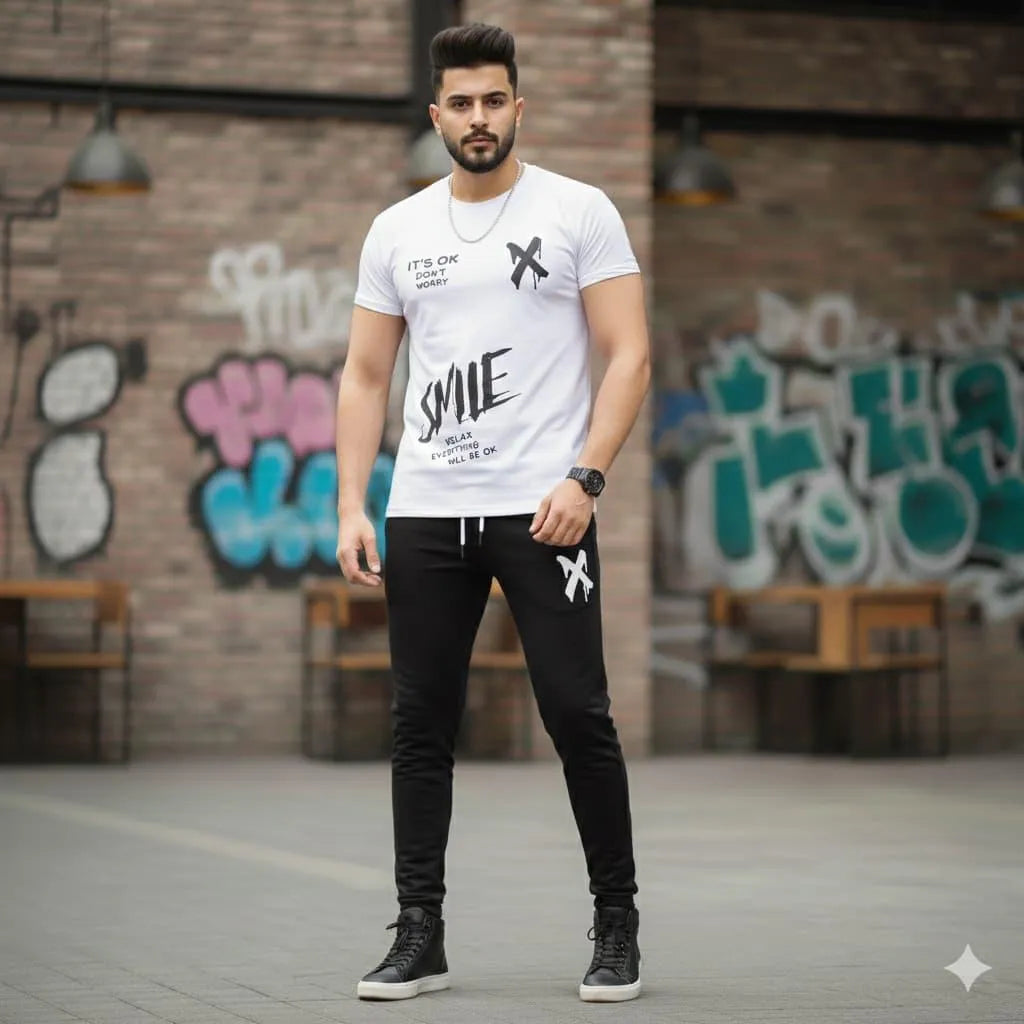 Men Printed Track Suit White Black 2Pcs Set Summer Sale