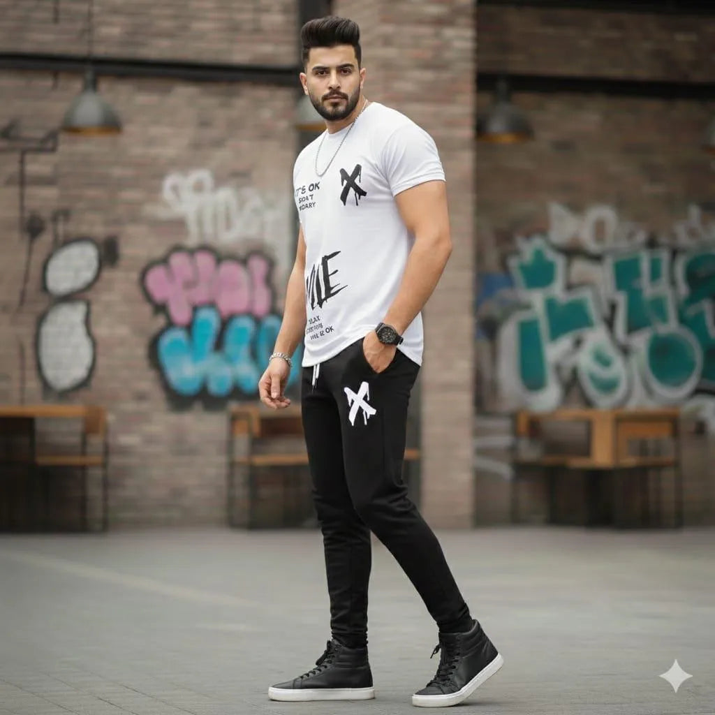 Men Printed Track Suit White Black 2Pcs Set Summer Sale