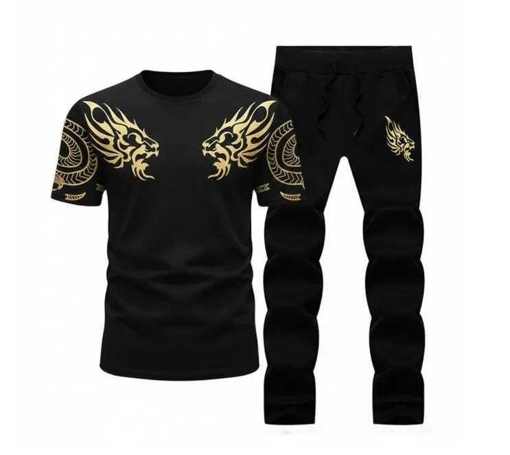Men Black Lion Printed 2Pcs Track Suit Slim Fit