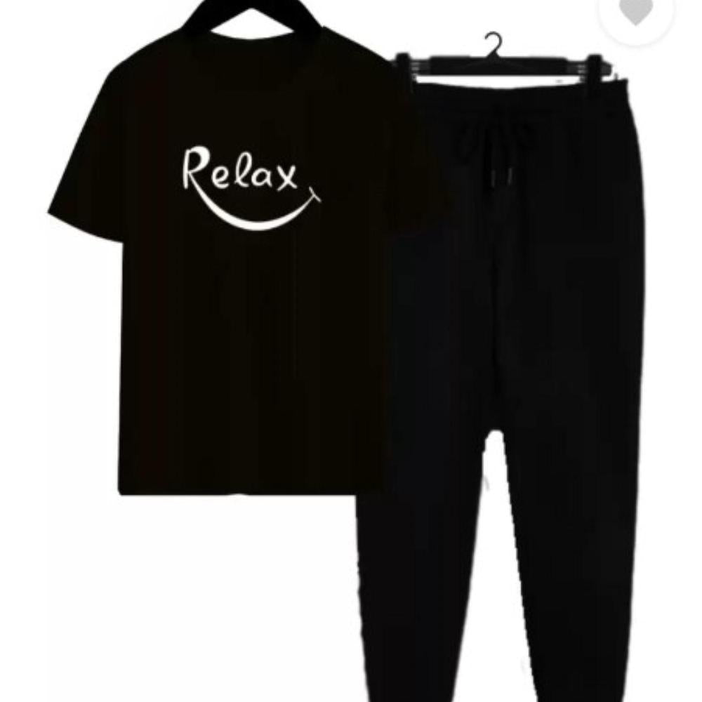 Men Cotton Track Suit Yellow Relax Print Black Drawstring Waist
